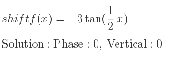 The shift f(x)=-3tan(1/2 x) is Phase:0, Vertical:0